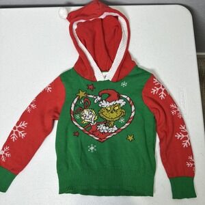 The Grinch Hooded knit Pullover Sweater Size 2T red and green with graphic front